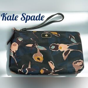 Kate Spade Arch Paper Rose Blue, Pink & Mustard Double Zipper Wristlet Pouch EUC